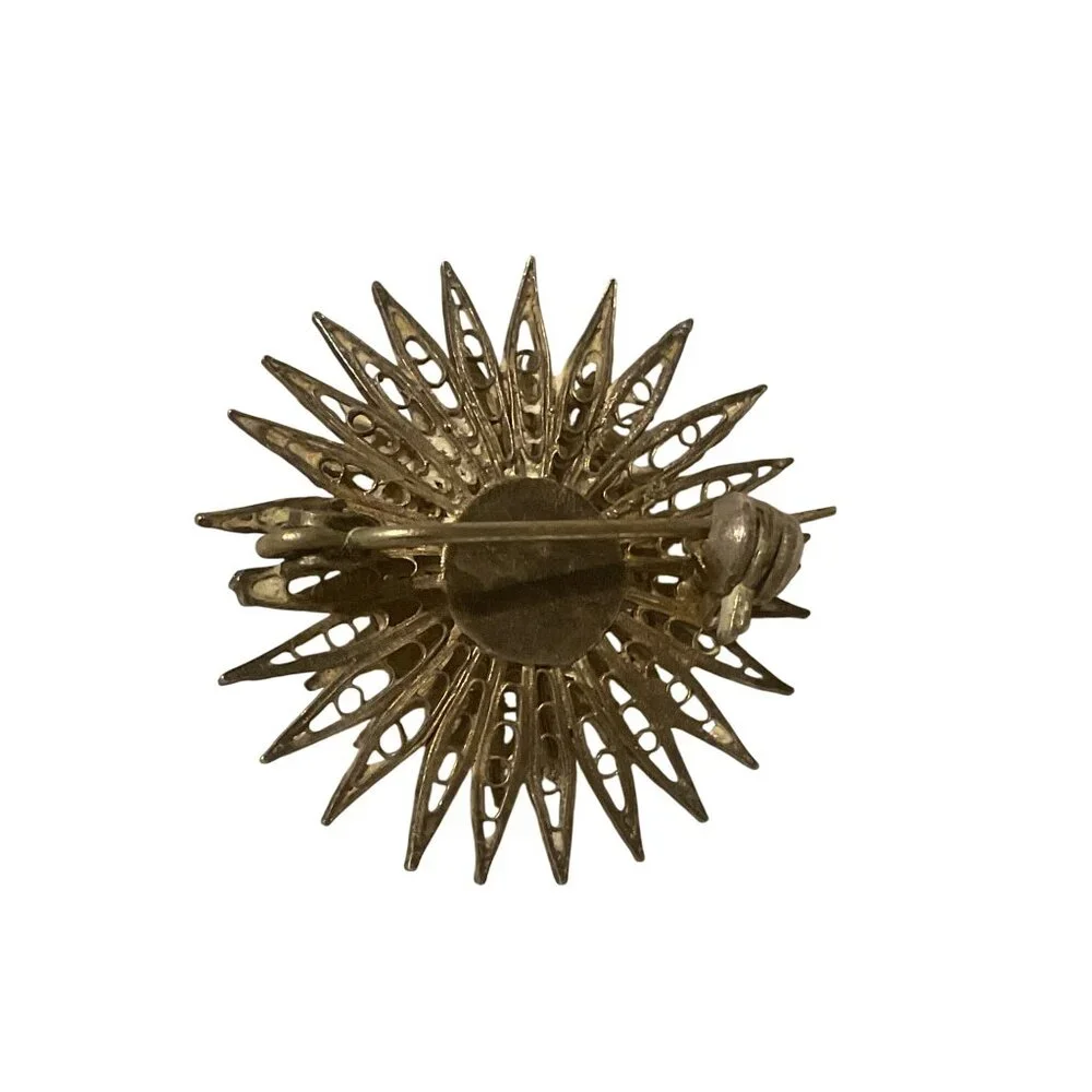 Vintage Metal Silver Tone Sunburst Brooch Pin 1